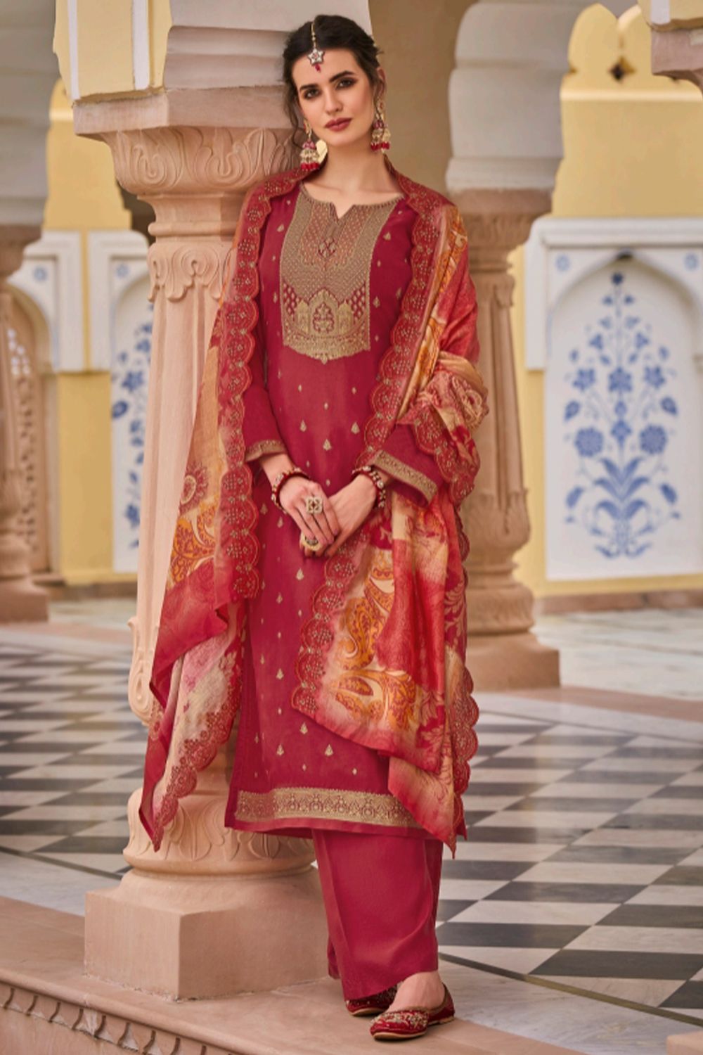 Red Jacquard Kurta Set