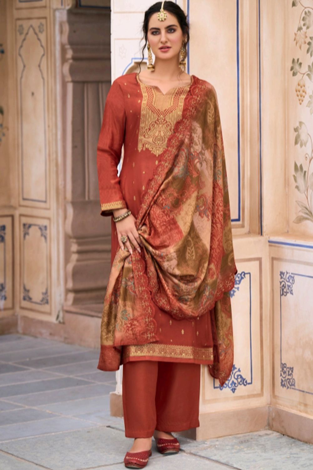 Dusty Brown Jacquard Kurta Set