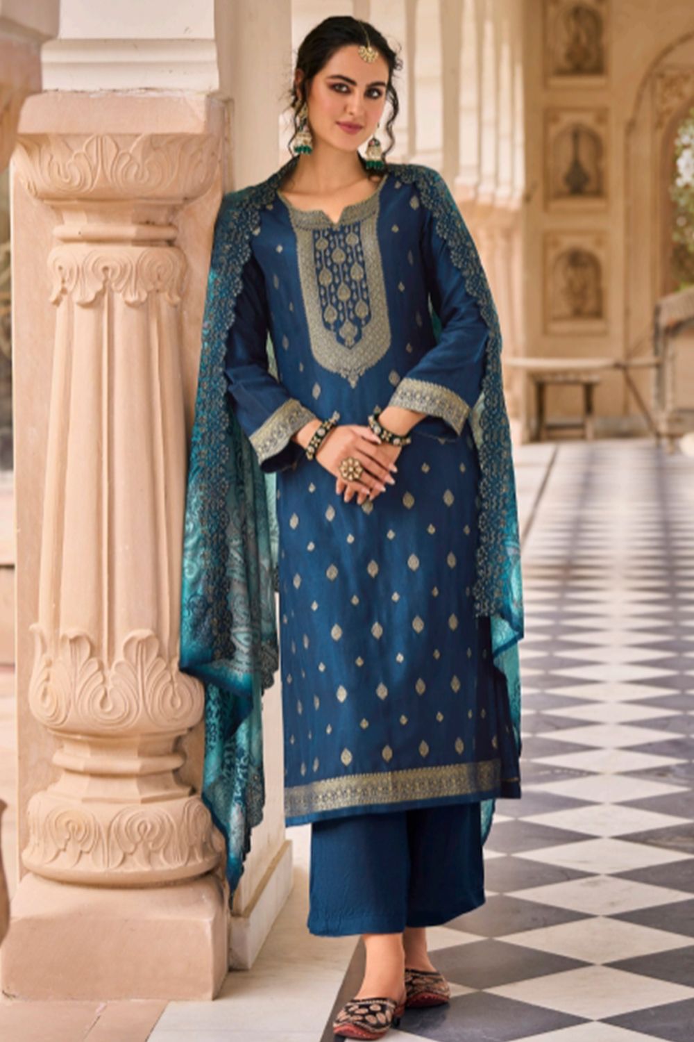 Blue Jacquard Kurta Set