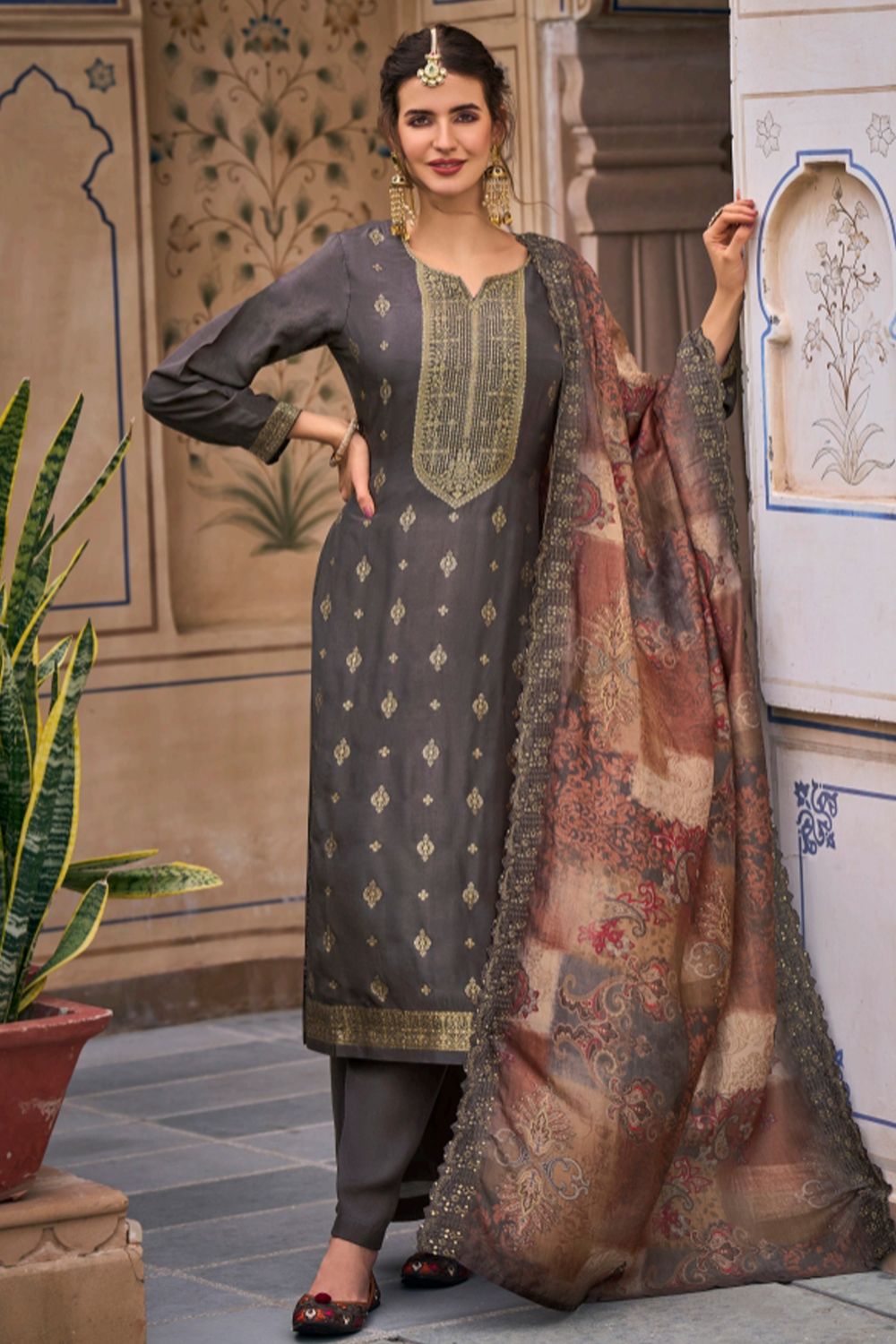 Grey Jacquard Kurta Set