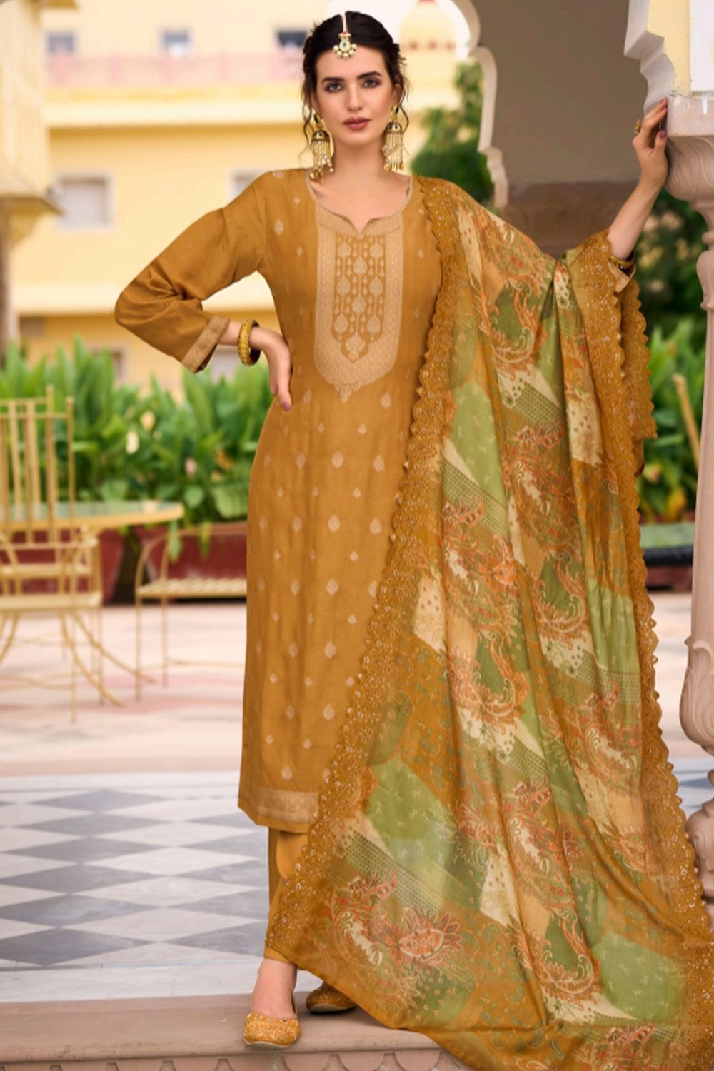 Mustard Yellow Jacquard Kurta Set