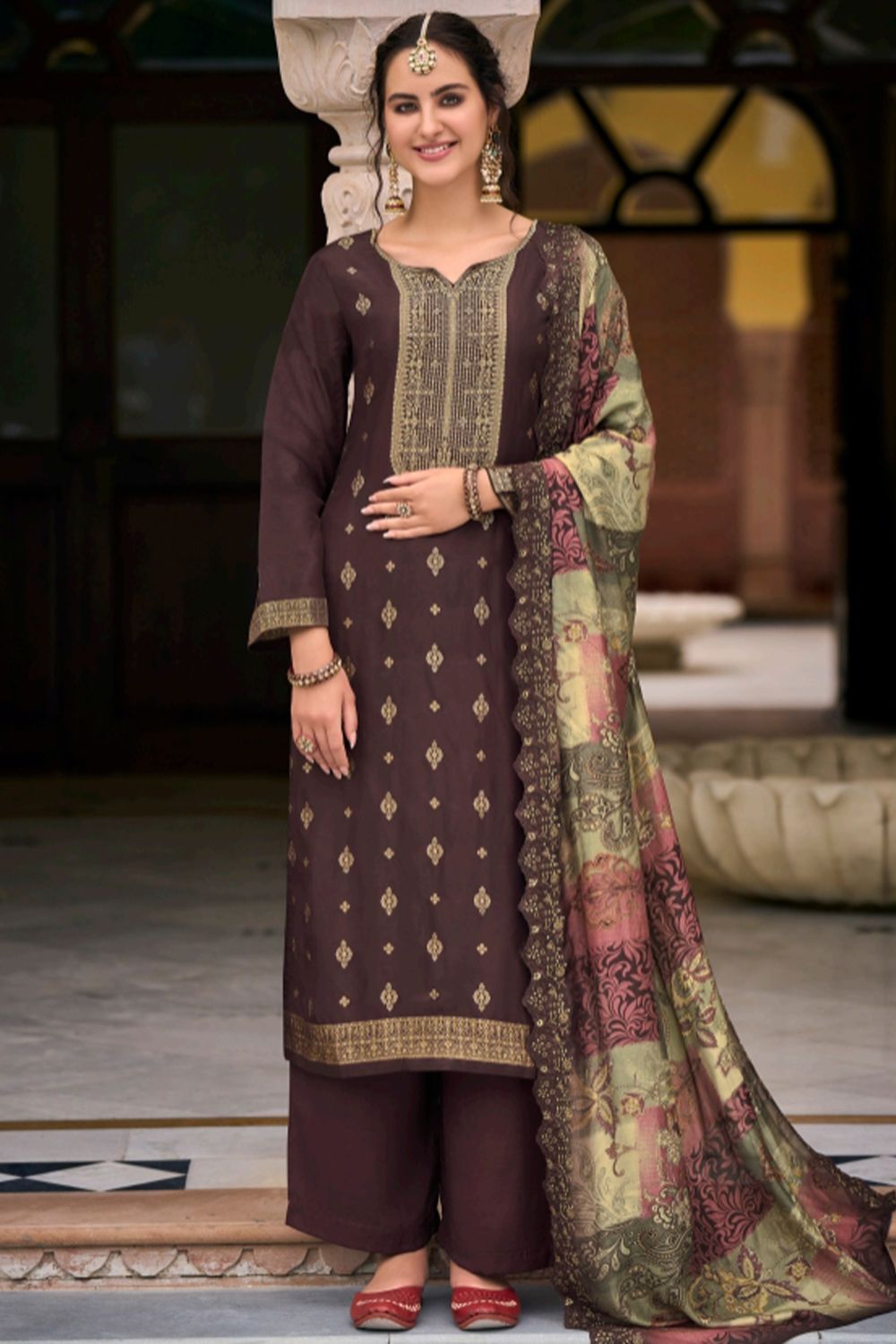 Brown Jacquard Kurta Set