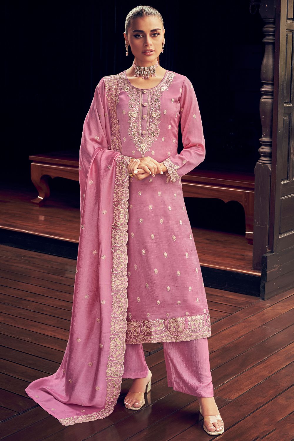 Onion Pink Silk Embroidered Kurta Set