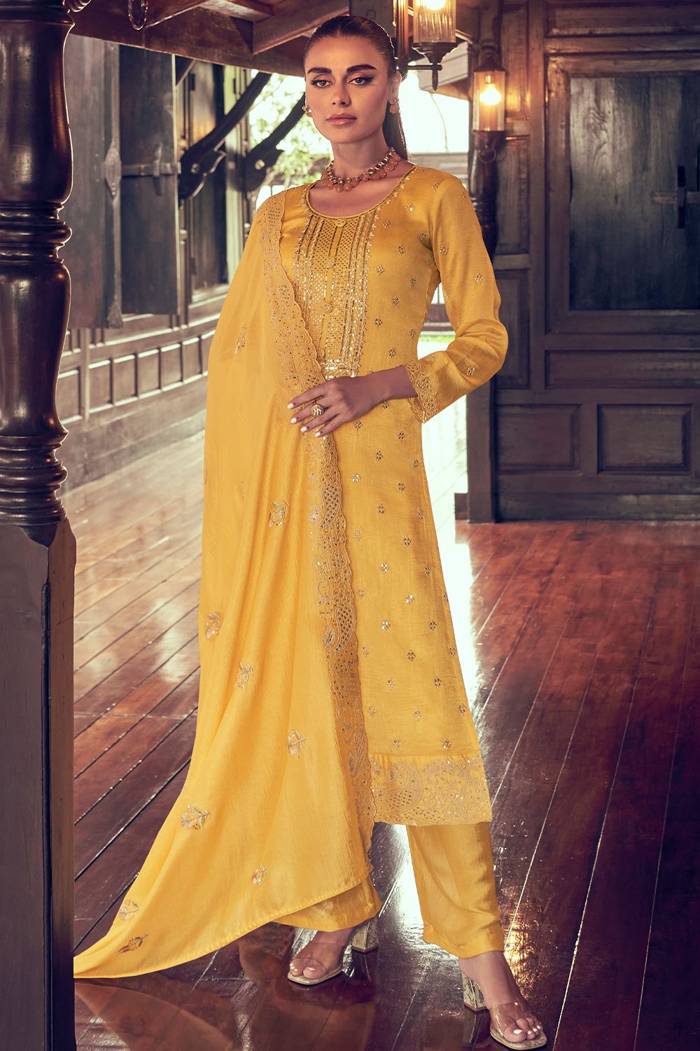 Yellow Silk Embroidered Kurta Set