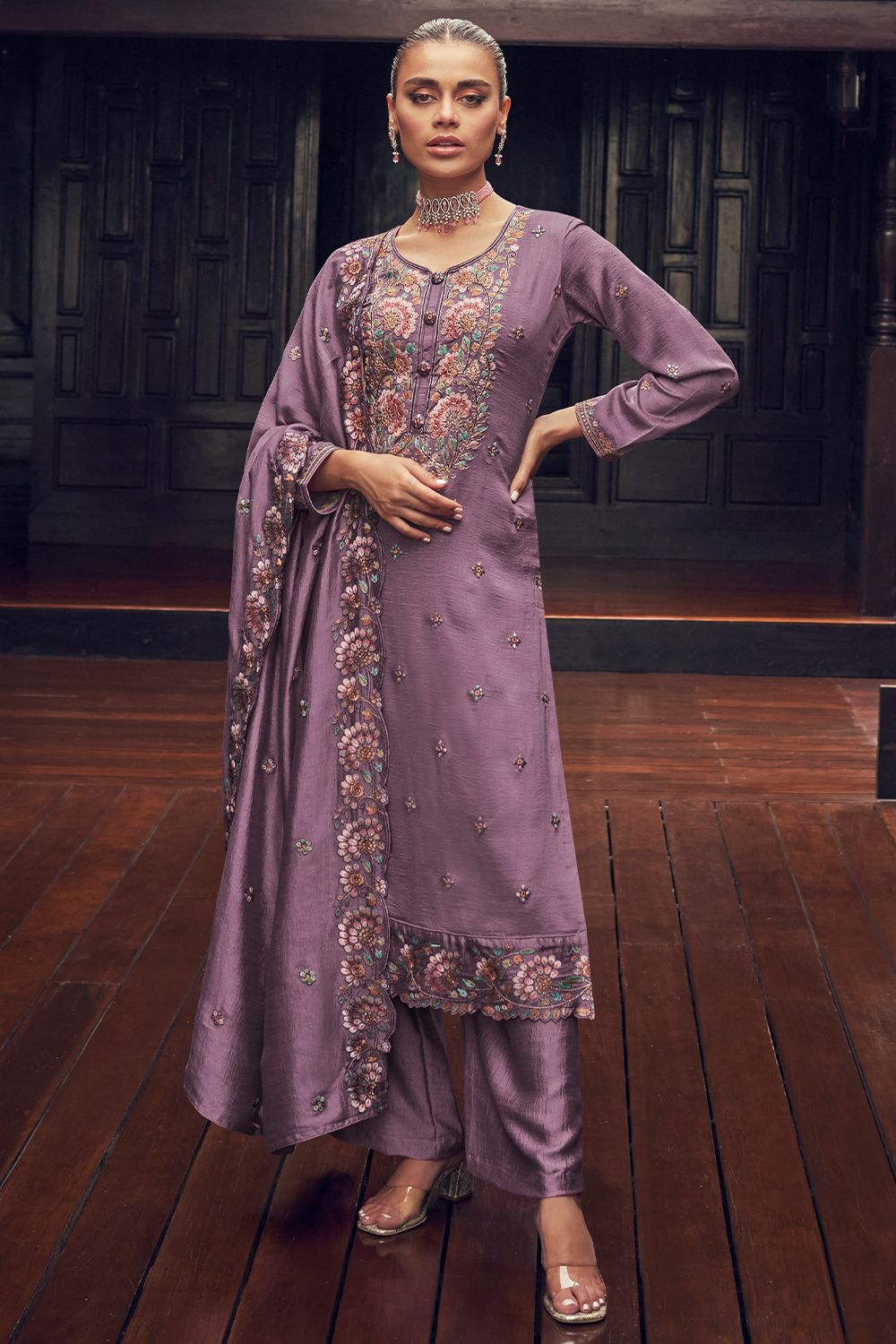 Purple Silk Embroidered Kurta Set