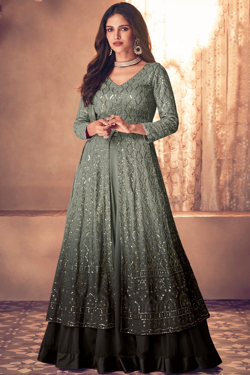 Grey Ombre Georgette Anarkali Suit