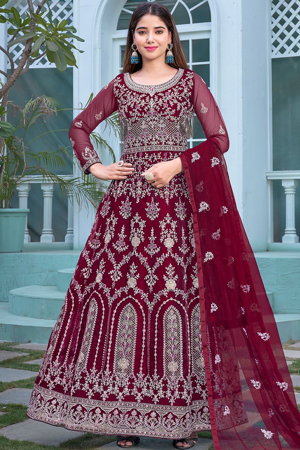 Maroon Embroidered Net Anarkali Suit