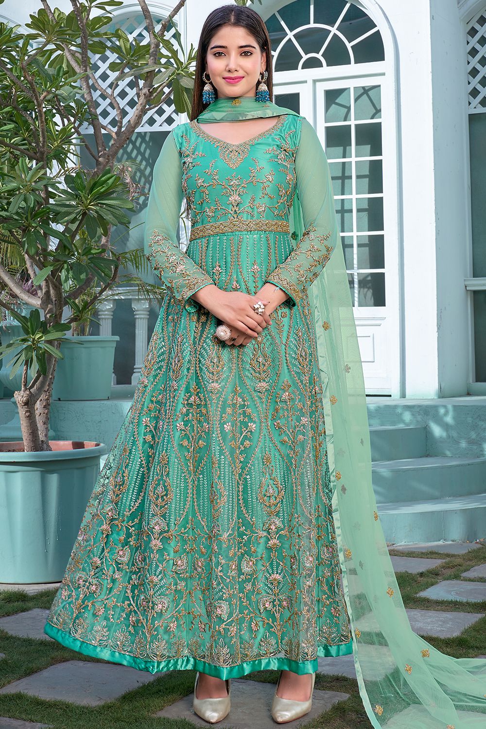Turquoise Net Embroidered Anarkali Suit