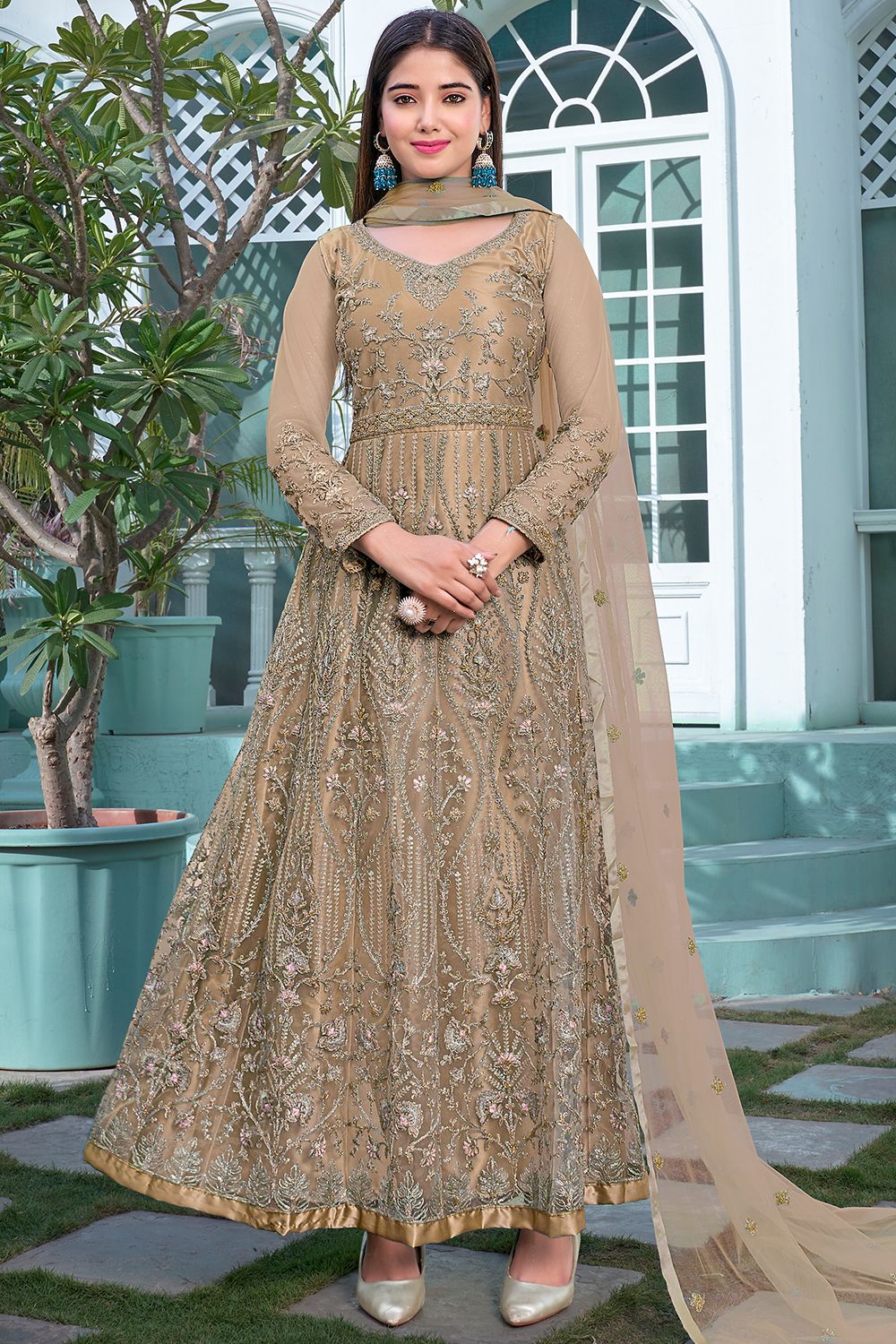 Gold Net Embroidered Anarkali Suit