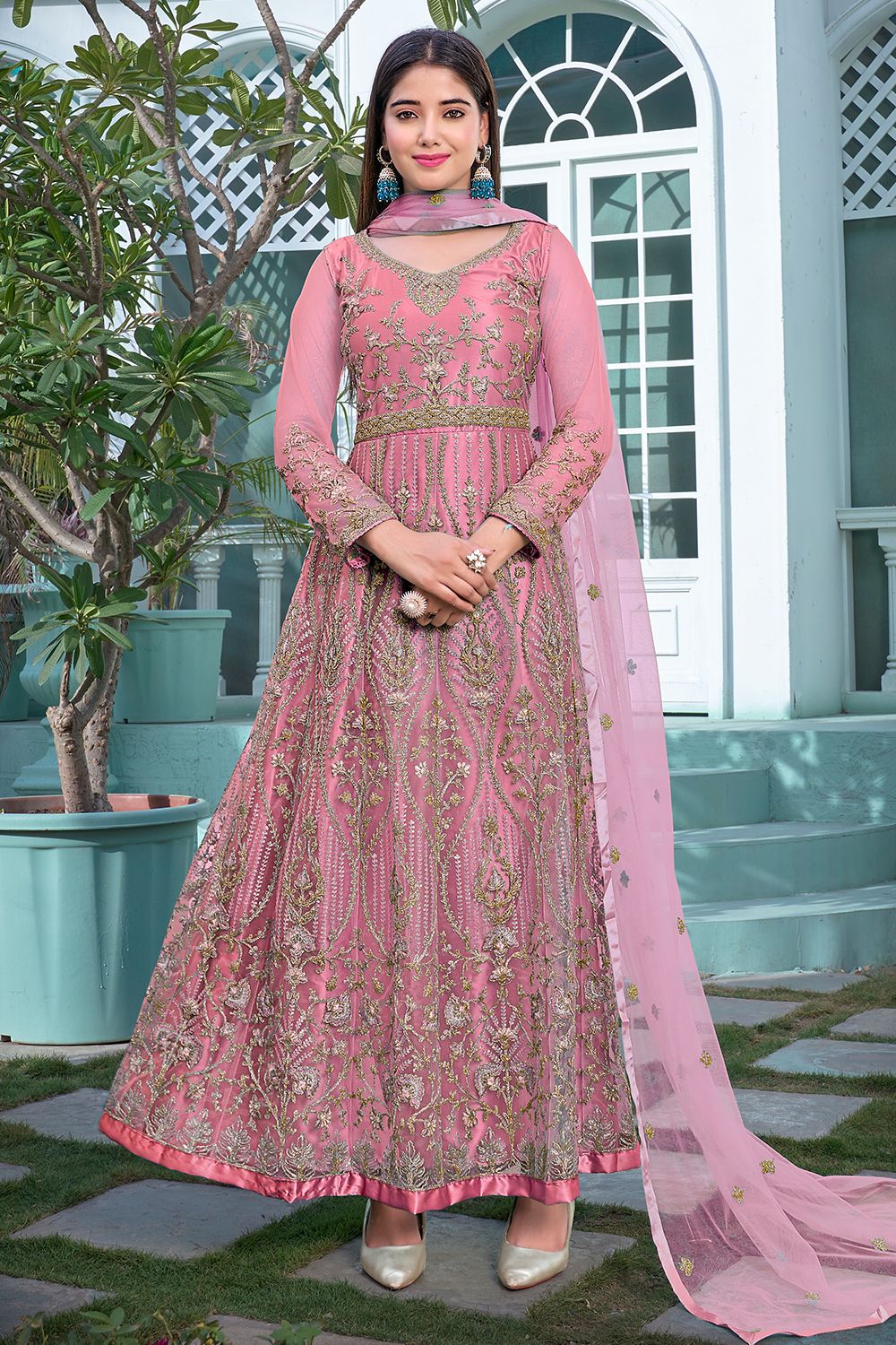 Pink Net Embroidered Anarkali Suit
