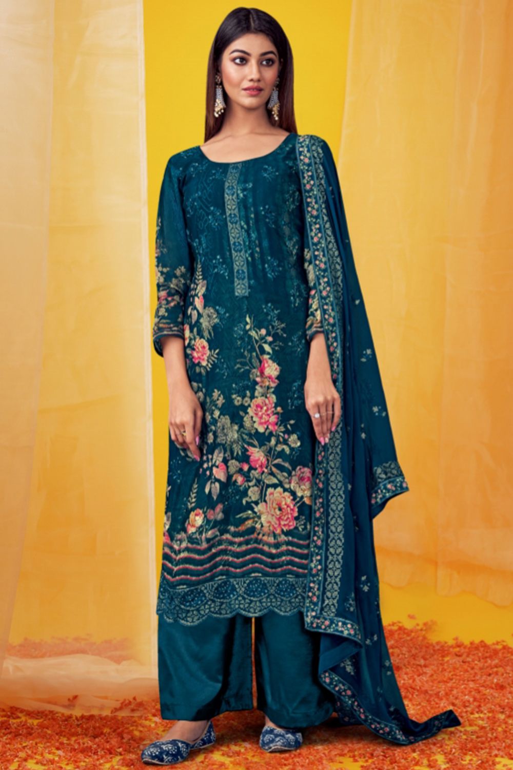 Blue Viscose Chinnon Printed Kurta Set