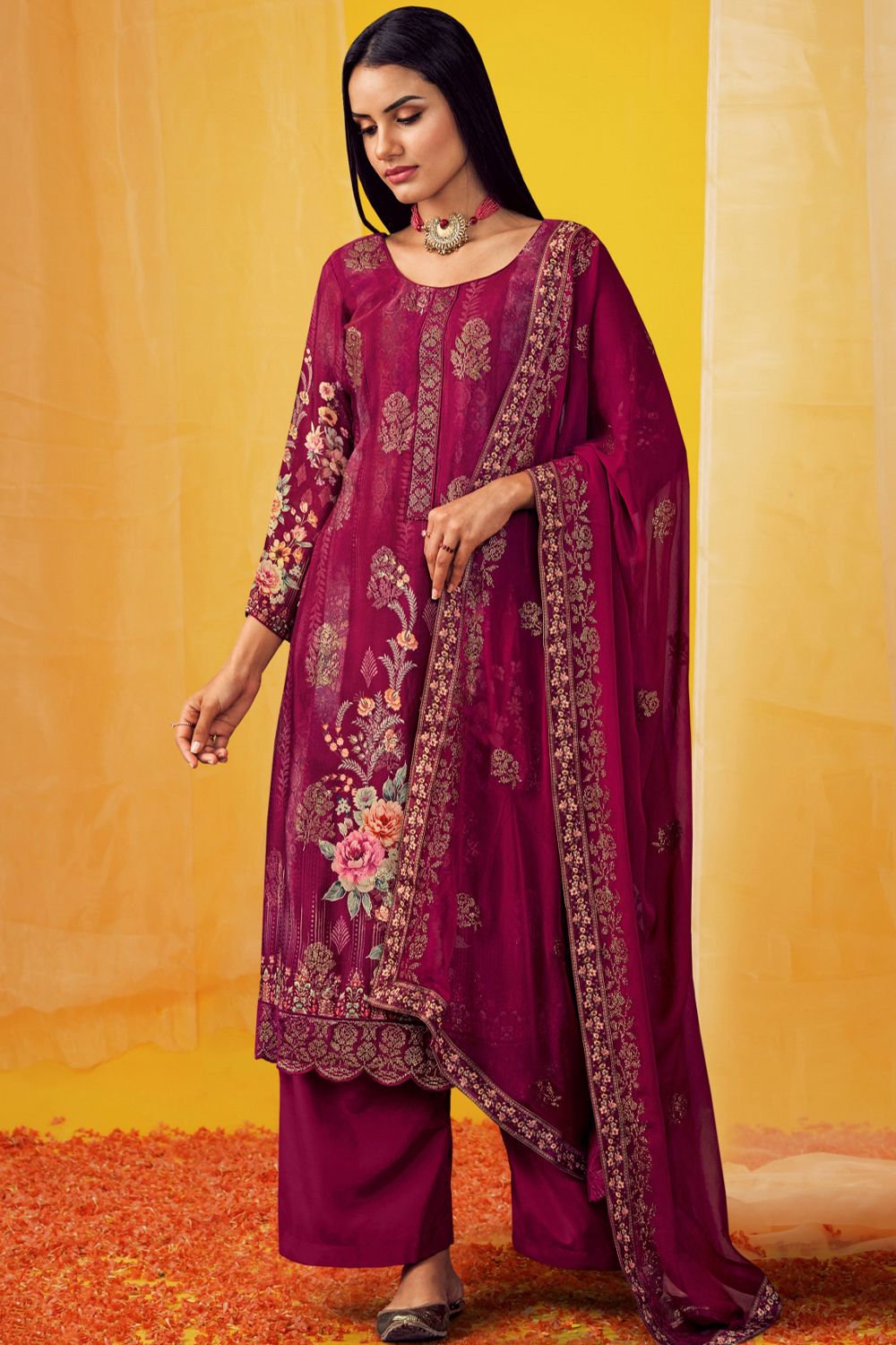 Pink Viscose Chinnon Printed Kurta Set