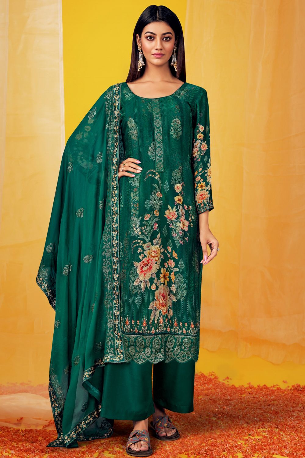 Green Viscose Chinnon Printed Kurta Set