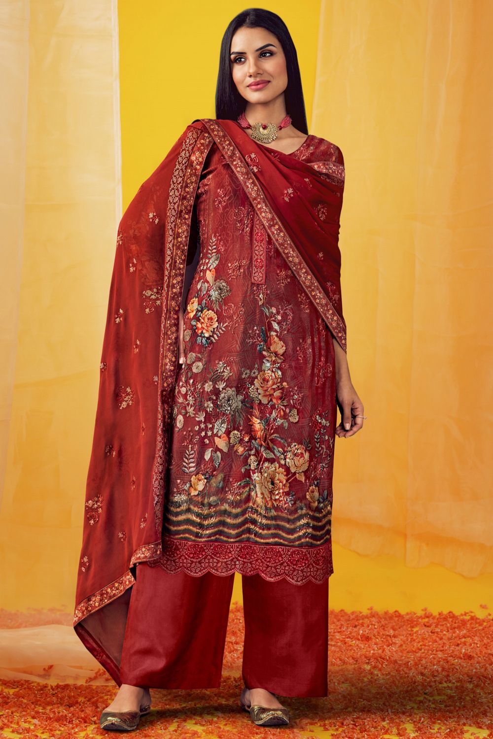 Red Viscose Chinnon Printed Kurta Set