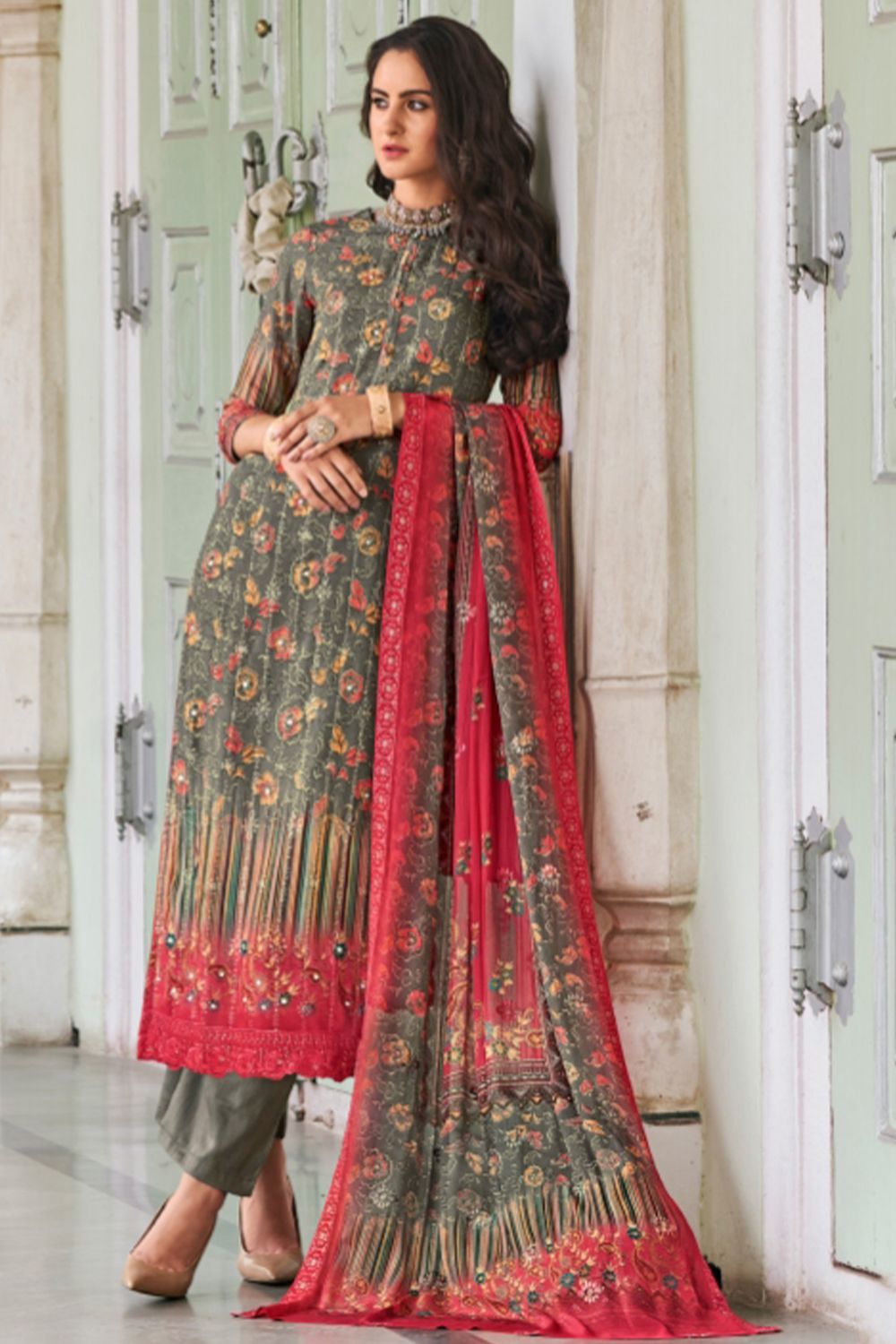 Grey Pure Viscose Muslin Digital Print Kurta Set