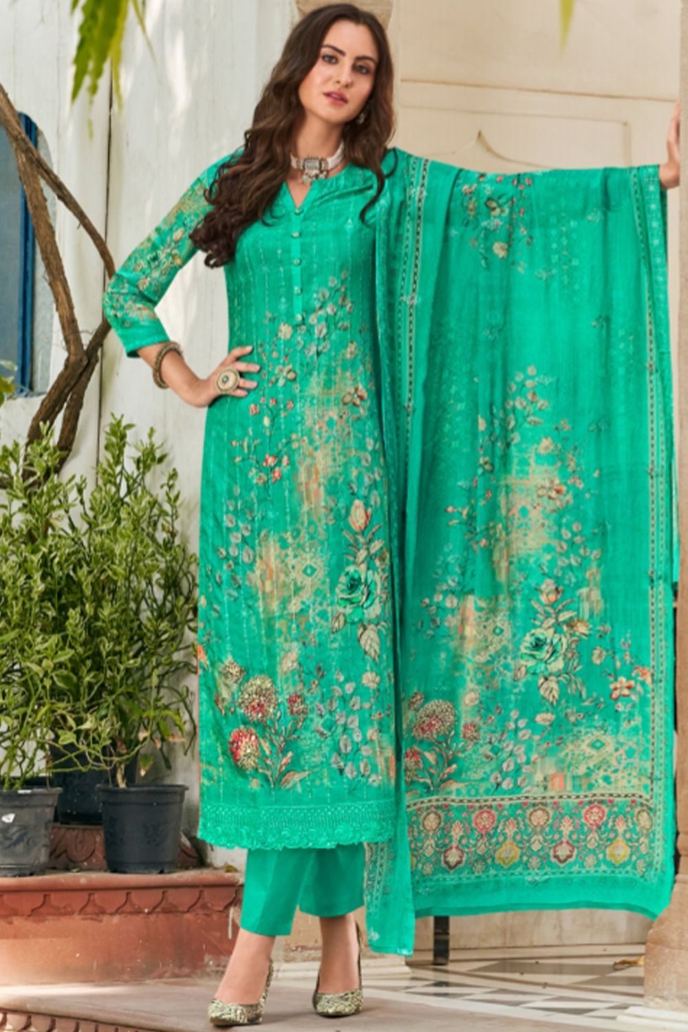Green Pure Viscose Muslin Digital Print Kurta Set