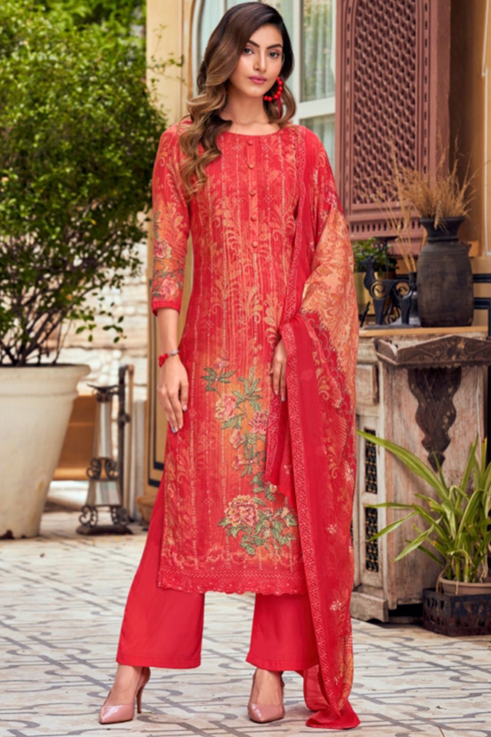 Red Pure Viscose Muslin Digital Print Kurta Set