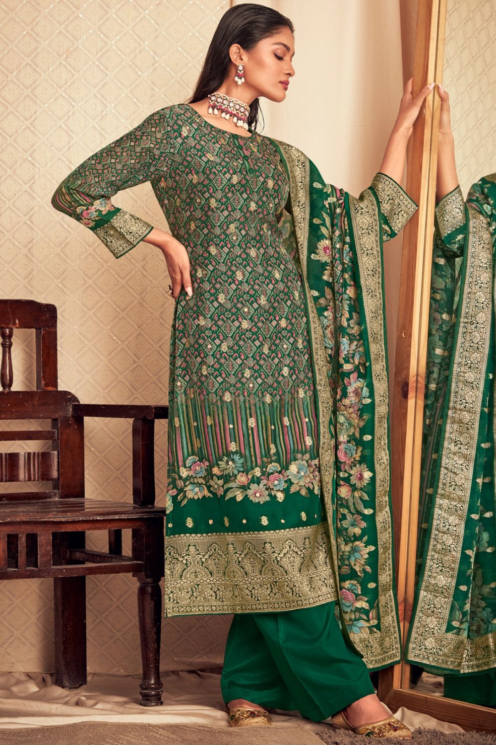 Green Viscose Printed Kurta Set