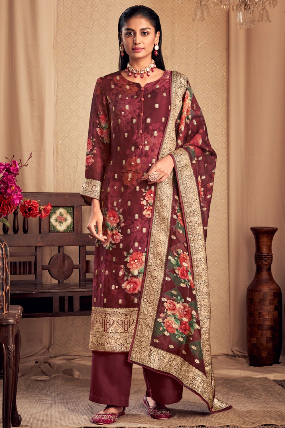 Maroon Viscose Printed Kurta Set