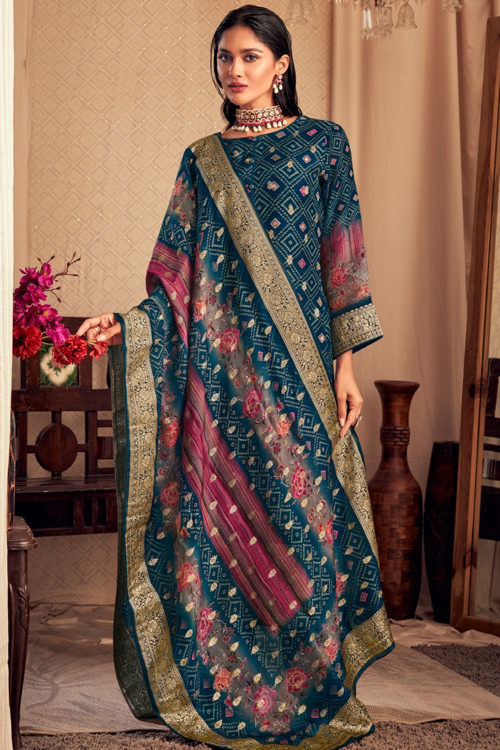 Blue Viscose Printed Kurta Set