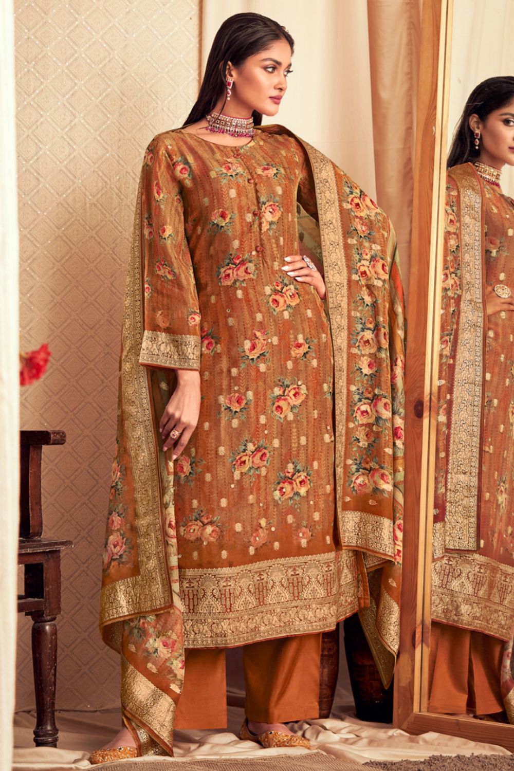 Orange Viscose Printed Kurta Set