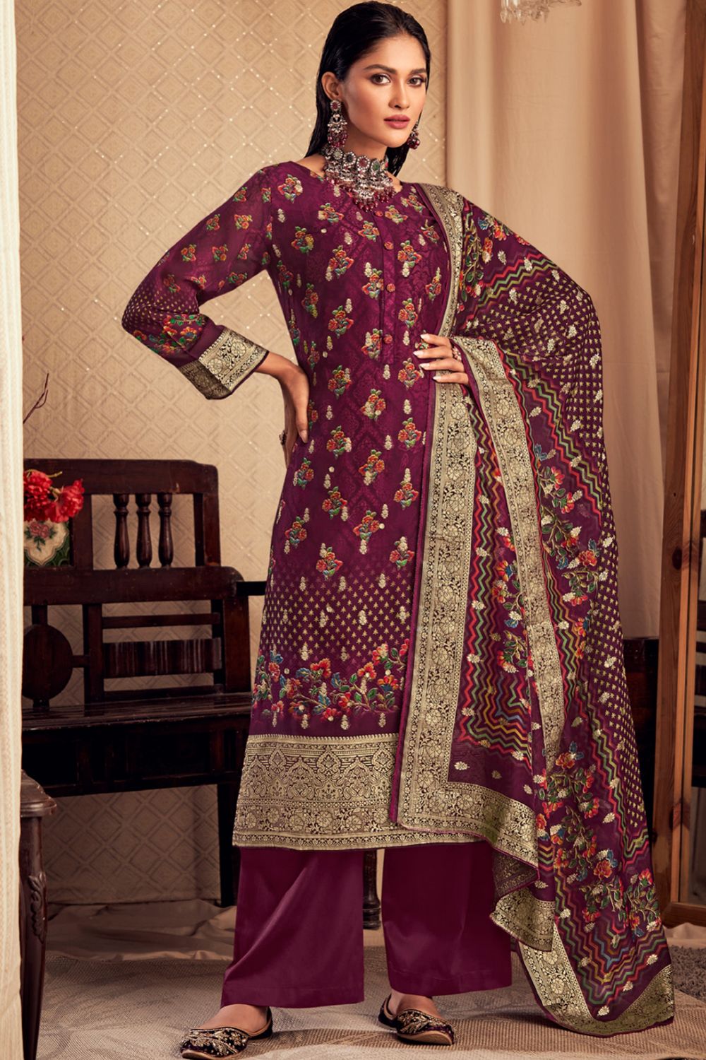 Pink Viscose Printed Kurta Set