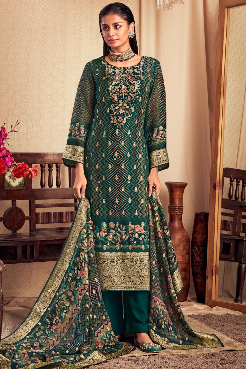 Dark Green Viscose Printed Kurta Set