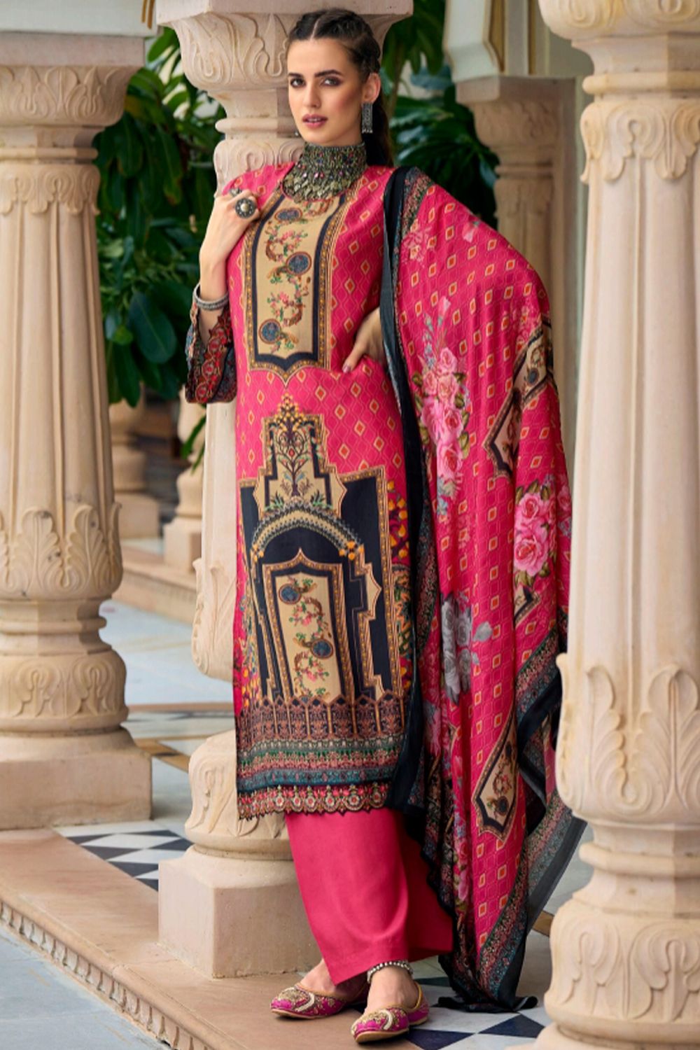 Pink Viscose Silk Printed Kurta Set