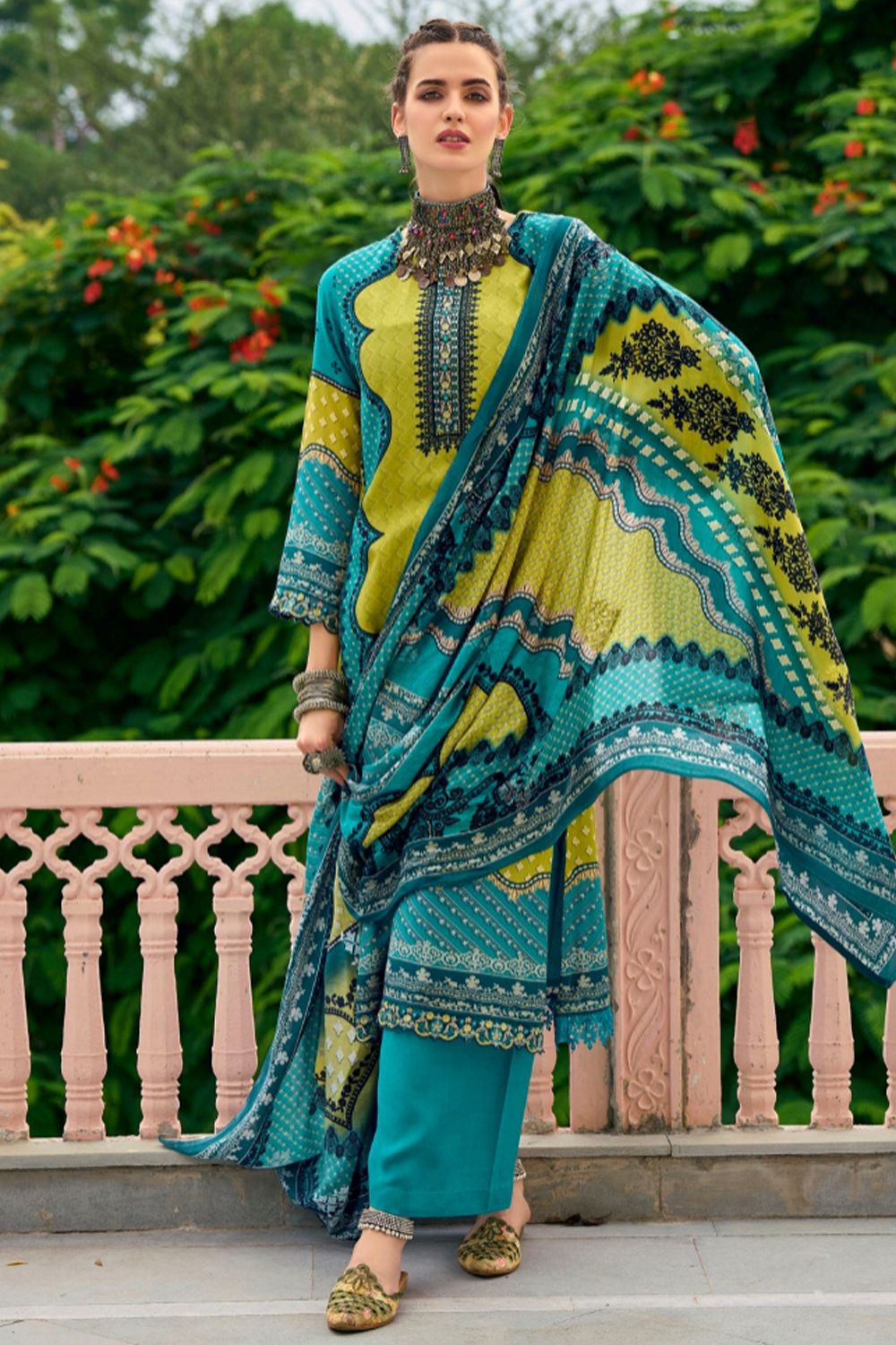 Blue Viscose Silk Printed Kurta Set
