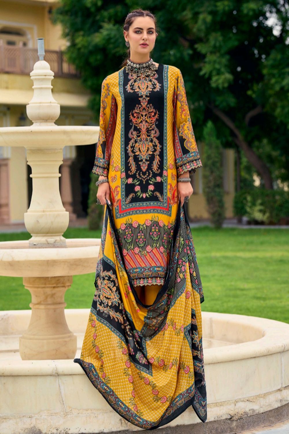 Yellow Viscose Silk Printed Kurta Set