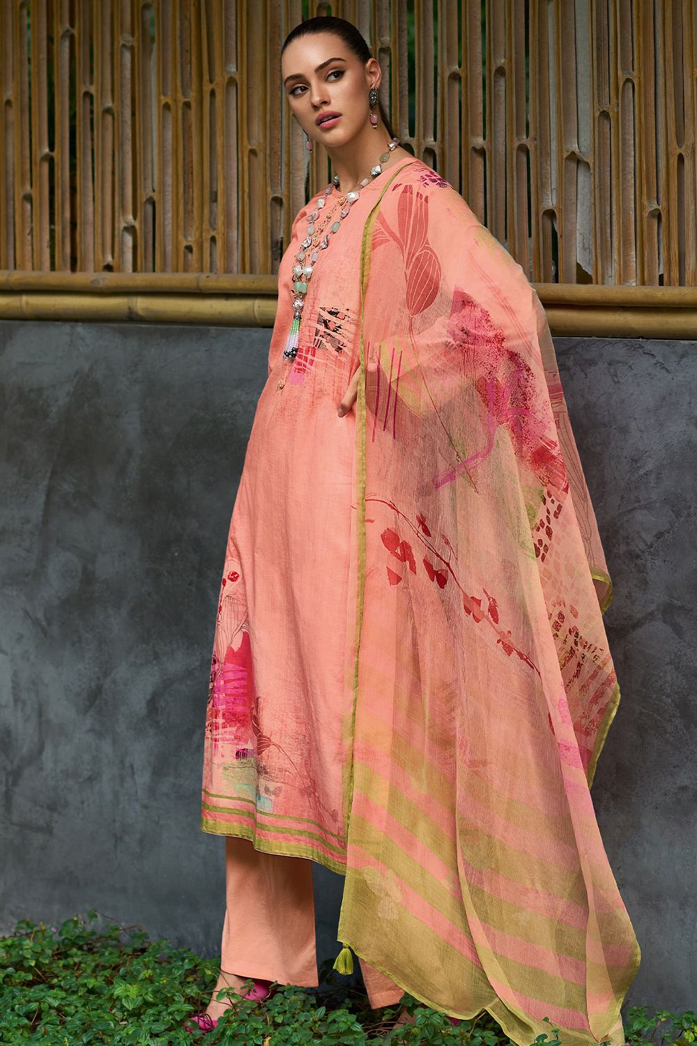 Peach Cotton Printed Kurta Set