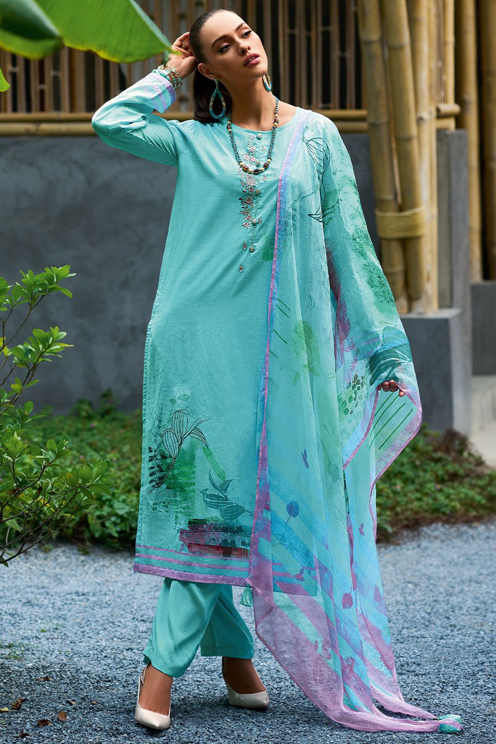 Blue Cotton Printed Kurta Set