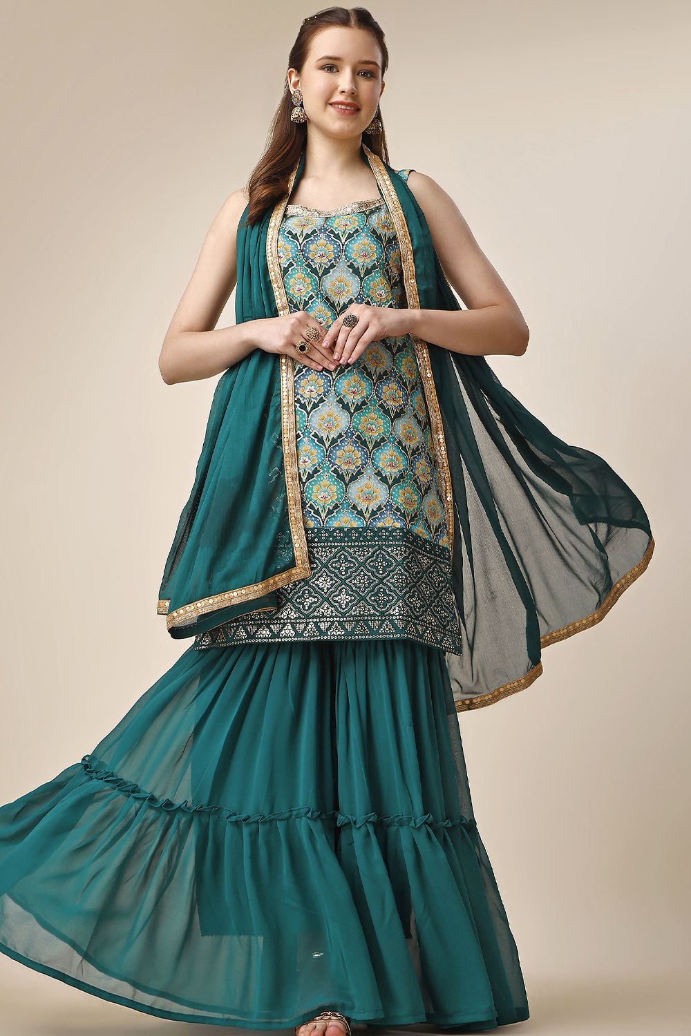 Teal Blue Georgette Sequins Embroidered Sharara Suit