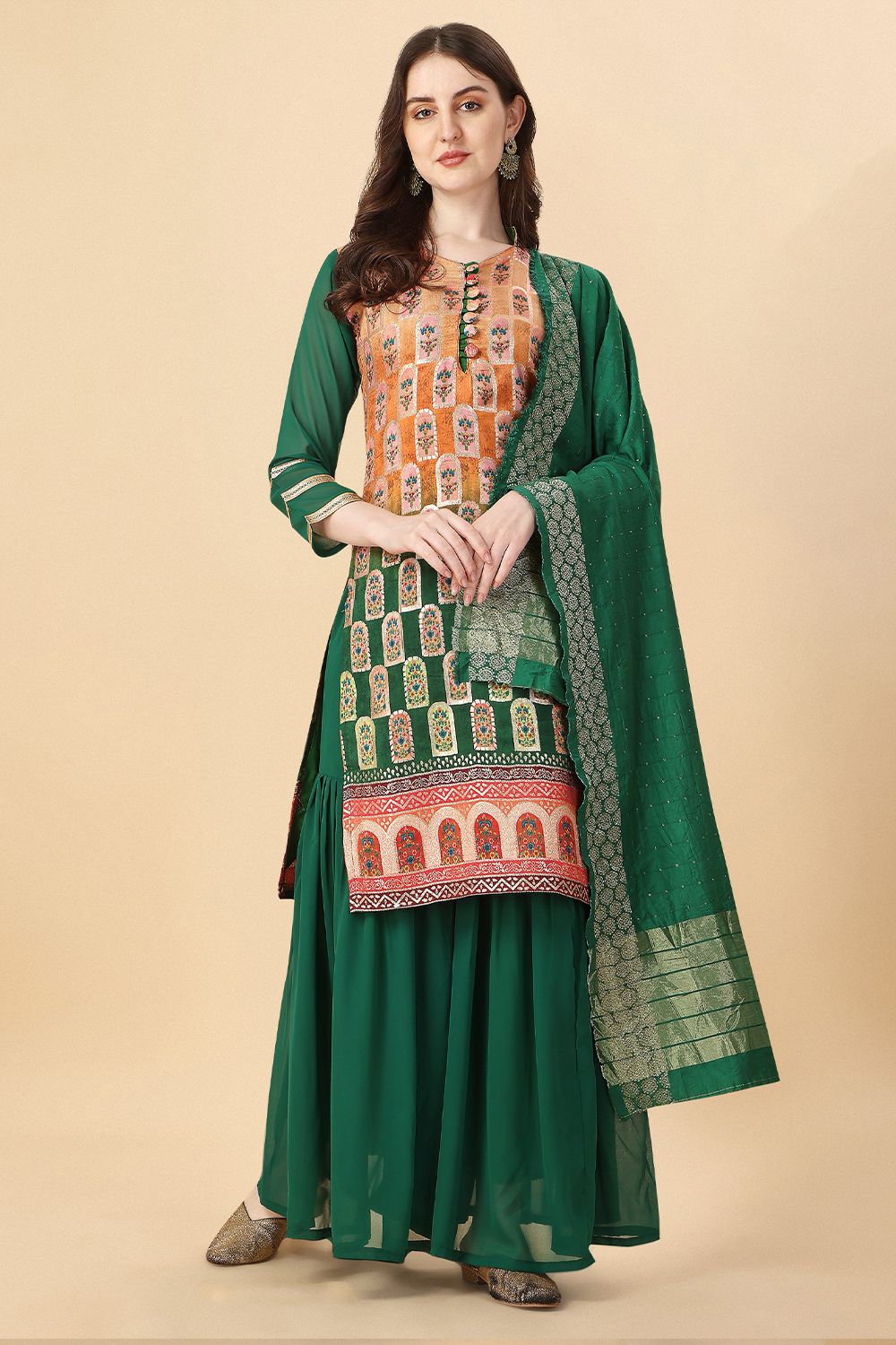 Green Georgette Printed Gharara Suit