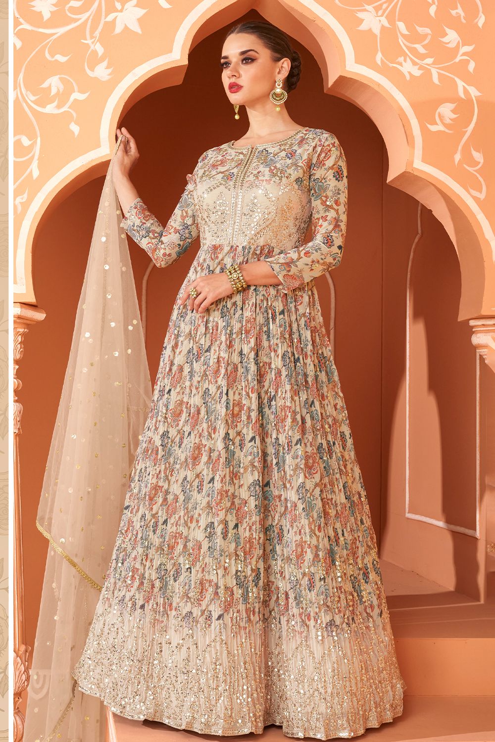 Cream Beige Floral Printed Anarkali Suit