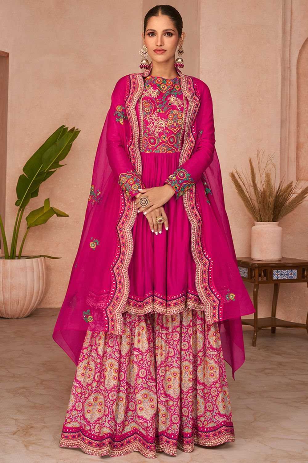 Magenta Pink Georgette Salwar Kameez With Thread Work