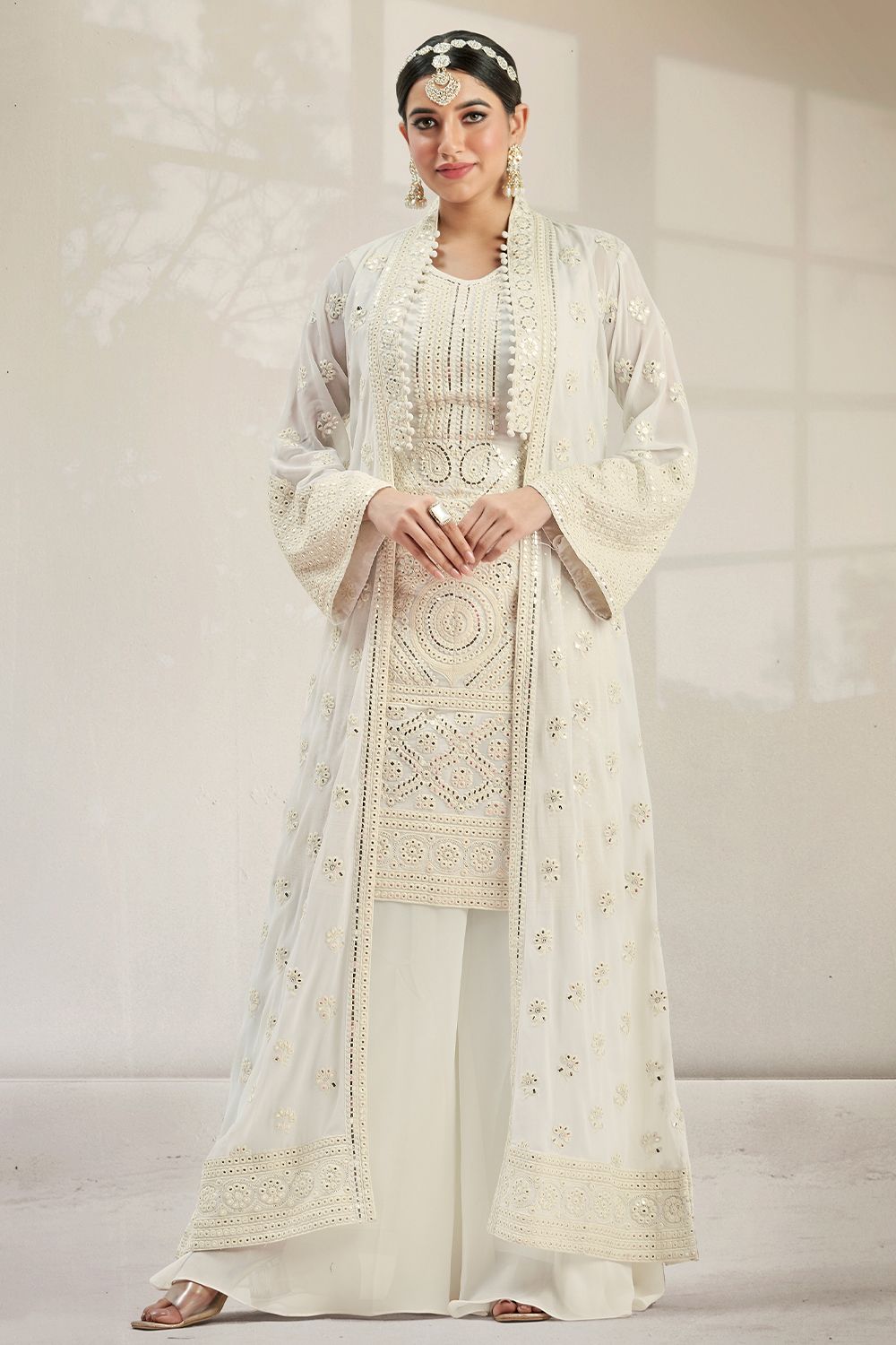 Off White Georgette Embroidered Palazzo Suit