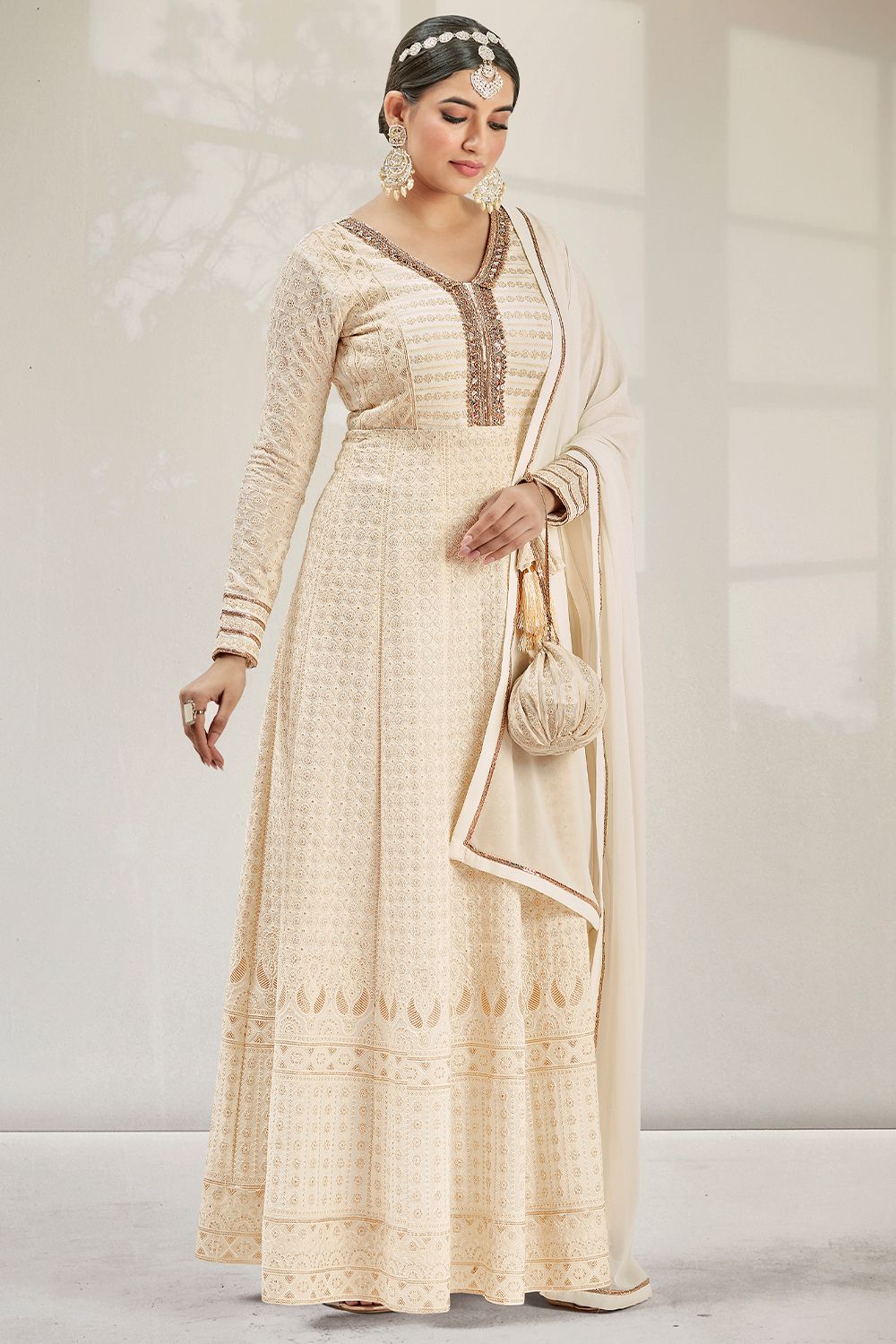 Cream Beige Embroidered Georgette Anarkali Suit