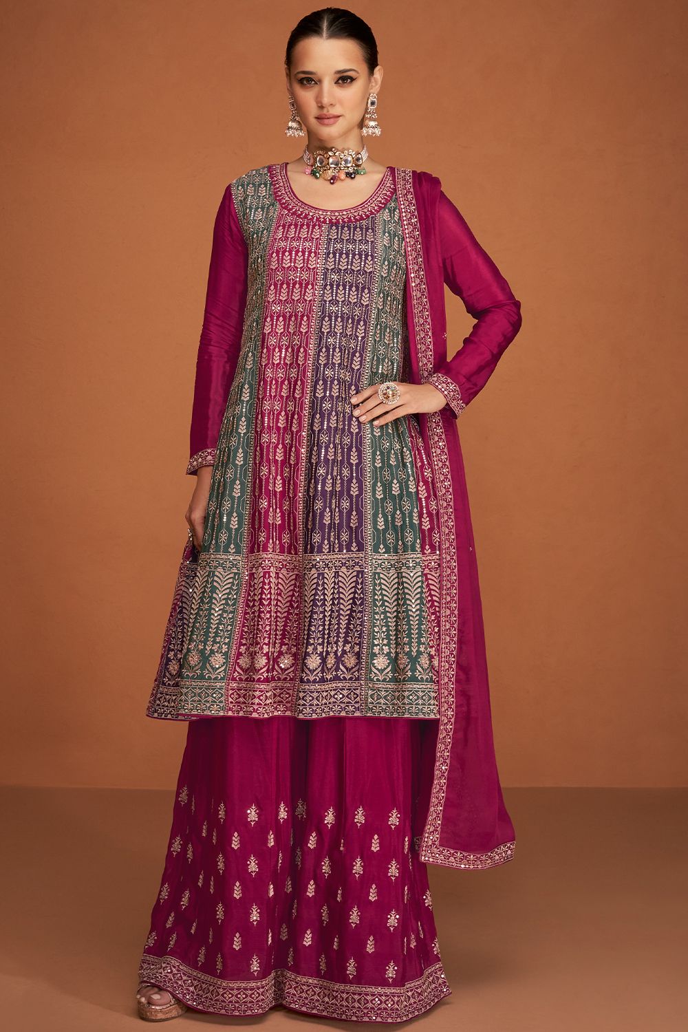 Multicolor Chinnon Sharara Suit With Burgundy Dupatta