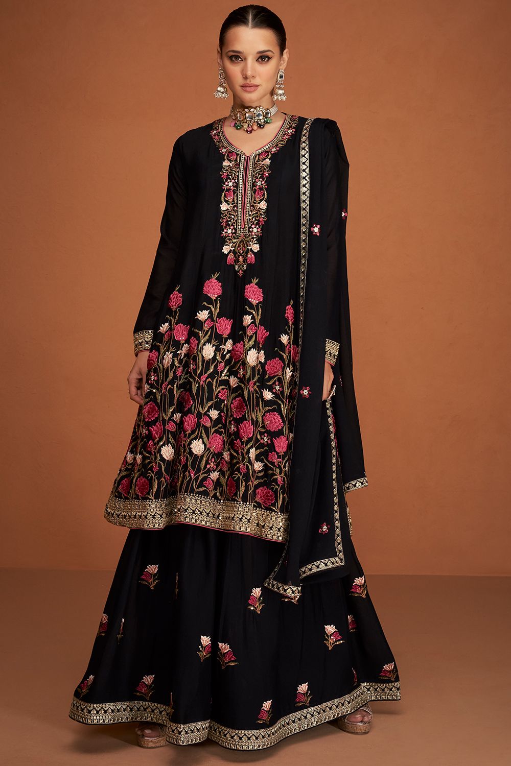 Black Chinnon Embroidered Sharara Suit 