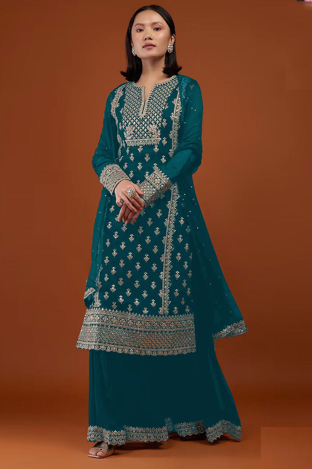 Teal Blue Dori Embroidered Georgette Palazzo Suit