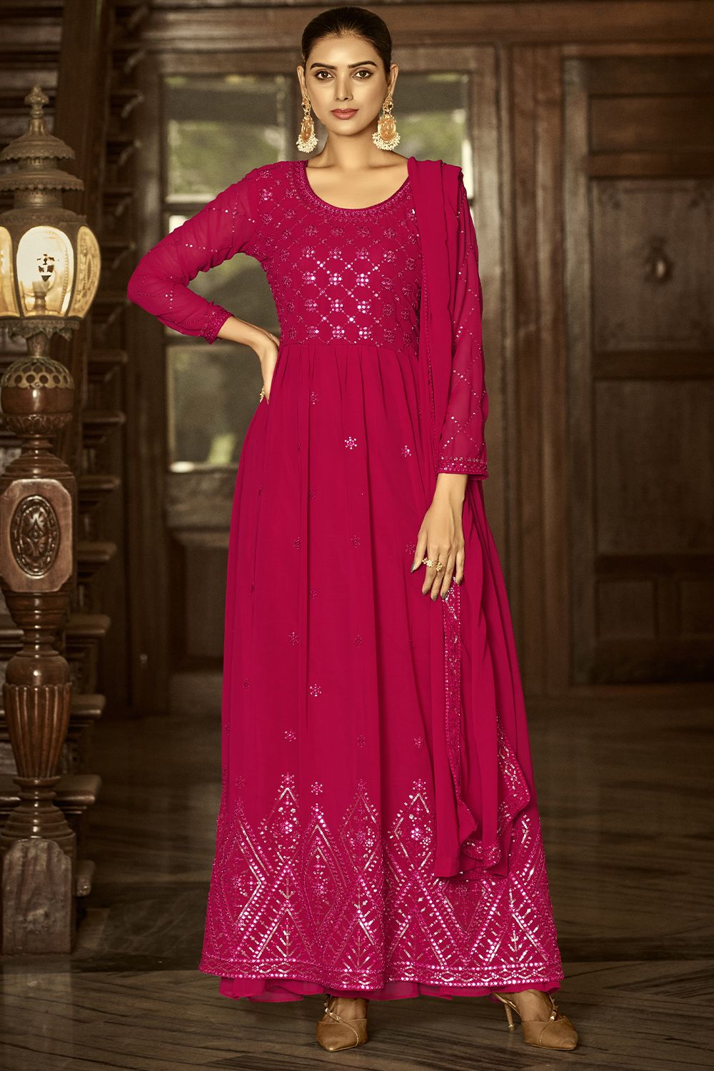 Ruby Pink Embroidered Georgette Anarkali Suit
