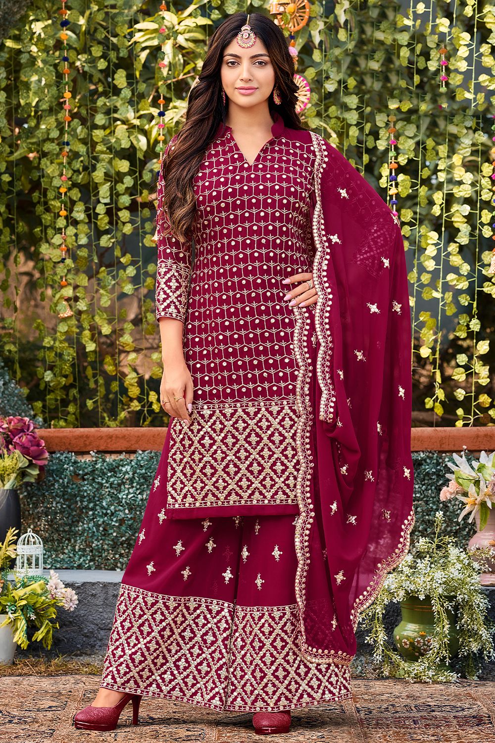 Cherry Red Zari Embroidered Georgette Palazzo Suit