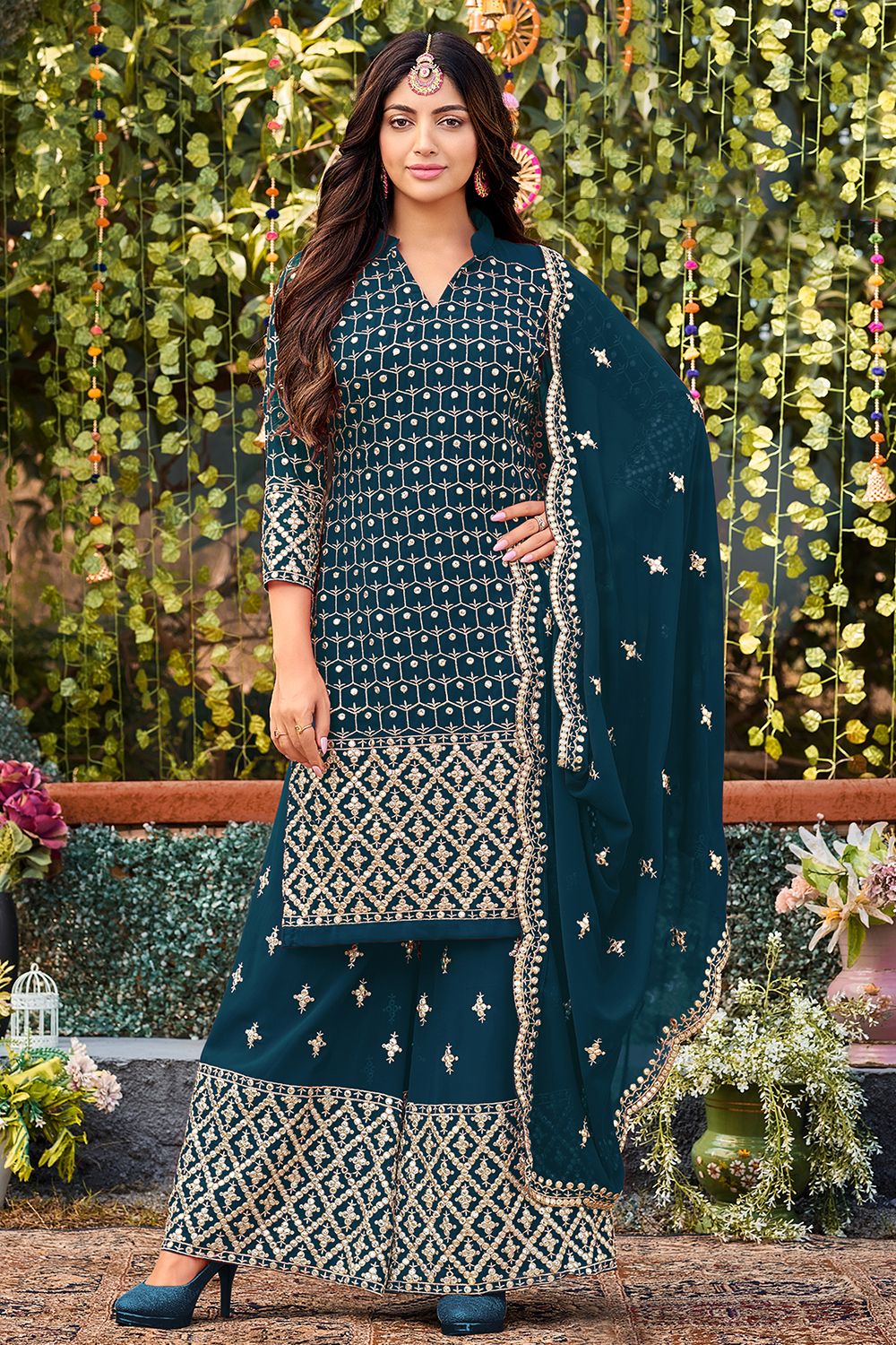 Blue Zari Embroidered Georgette Palazzo Suit