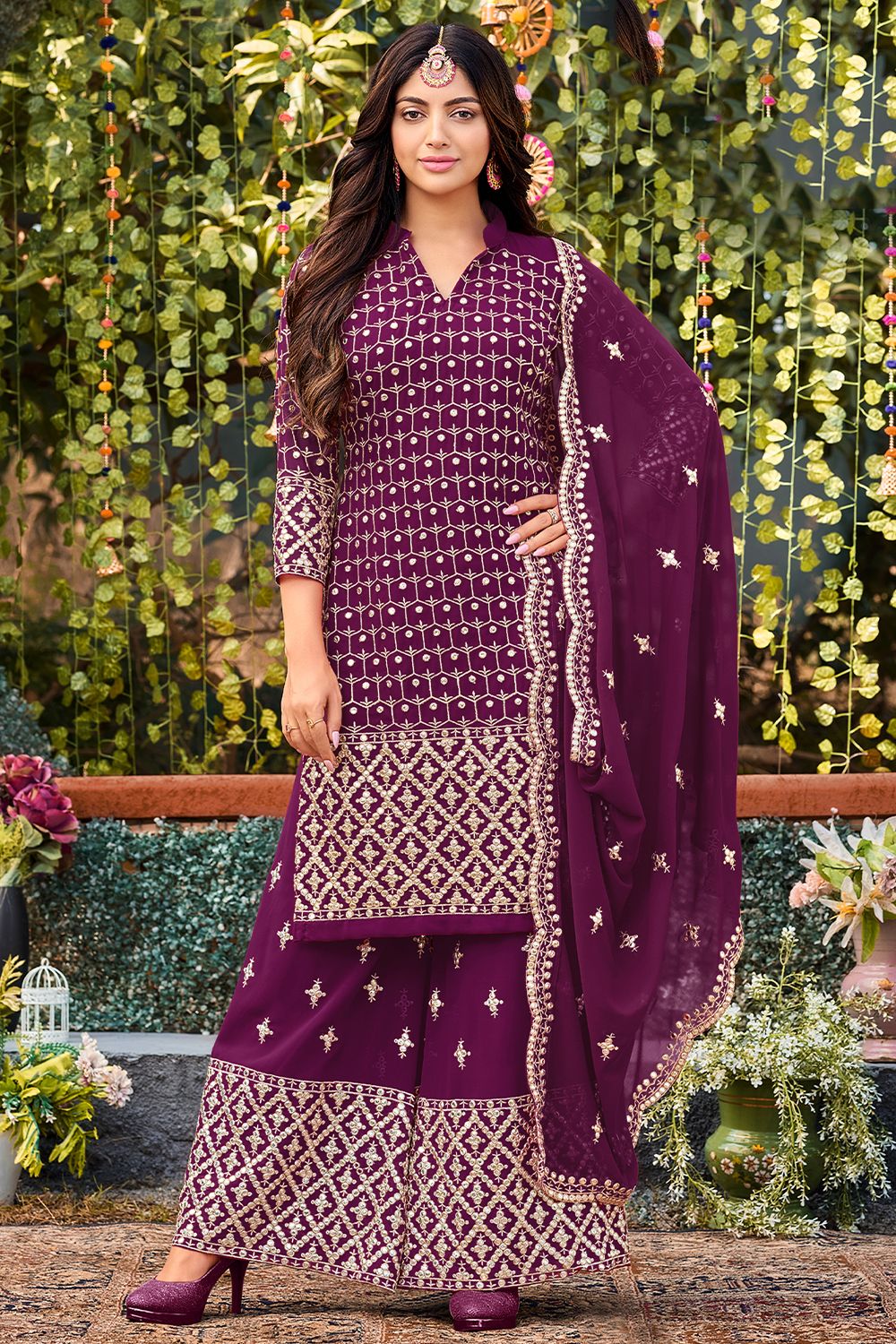 Purple Zari Embroidered Georgette Palazzo Suit