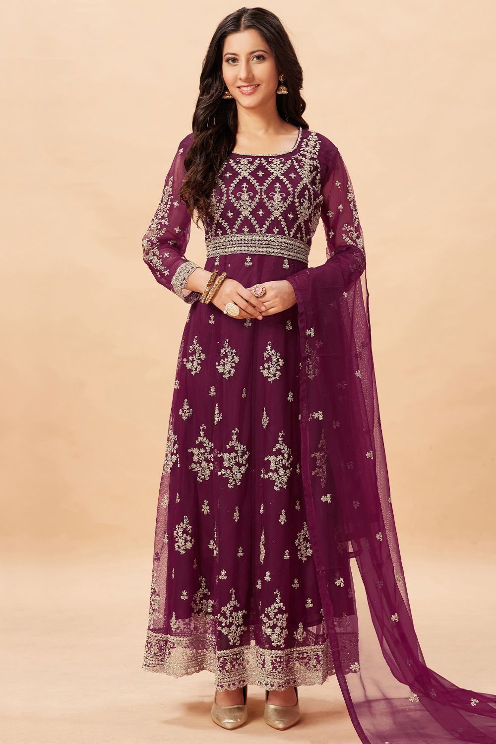 Purple Net Embroidered Anarkali Suit