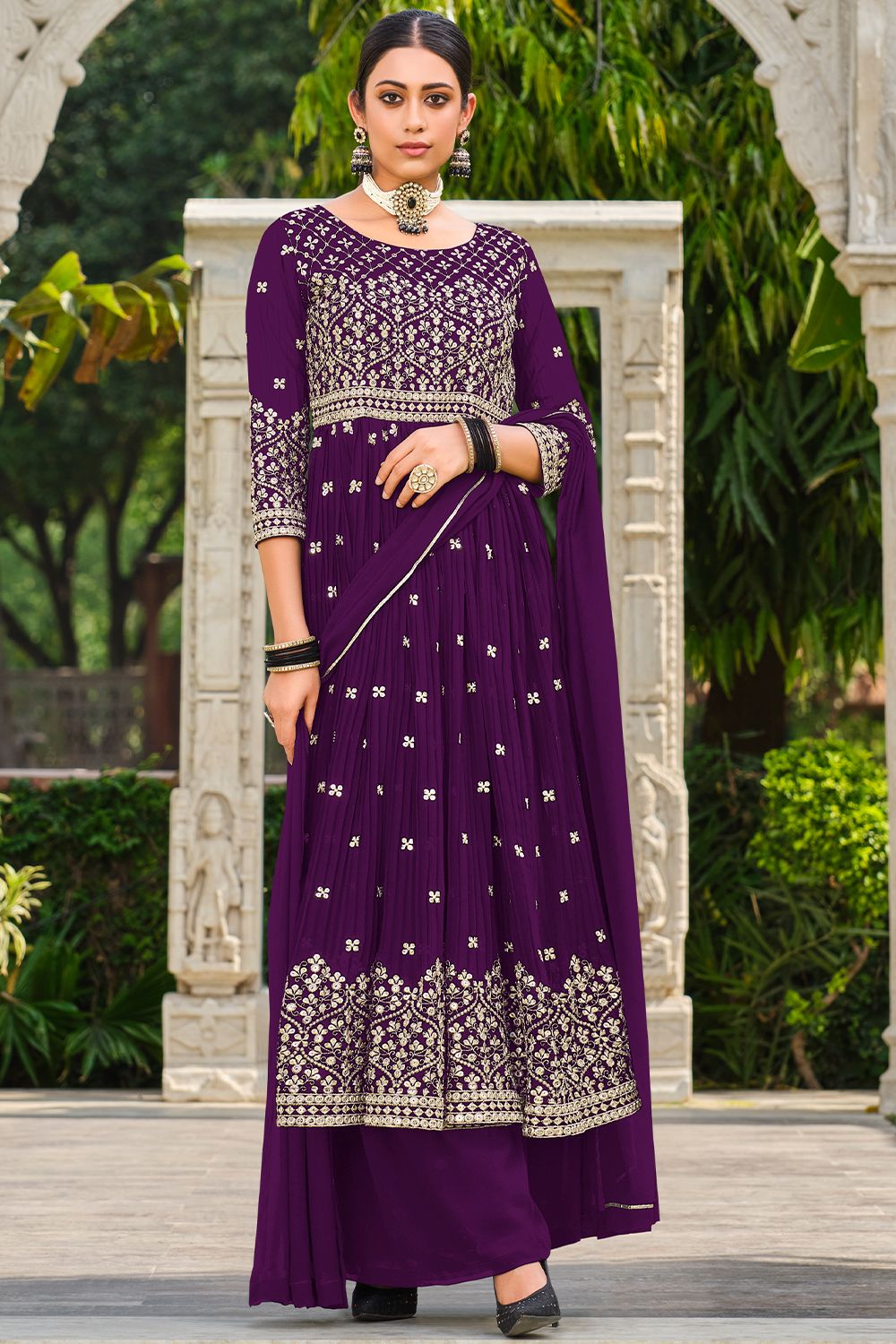 Purple Zari Embroiered Fox Georgette Palazzo Suit