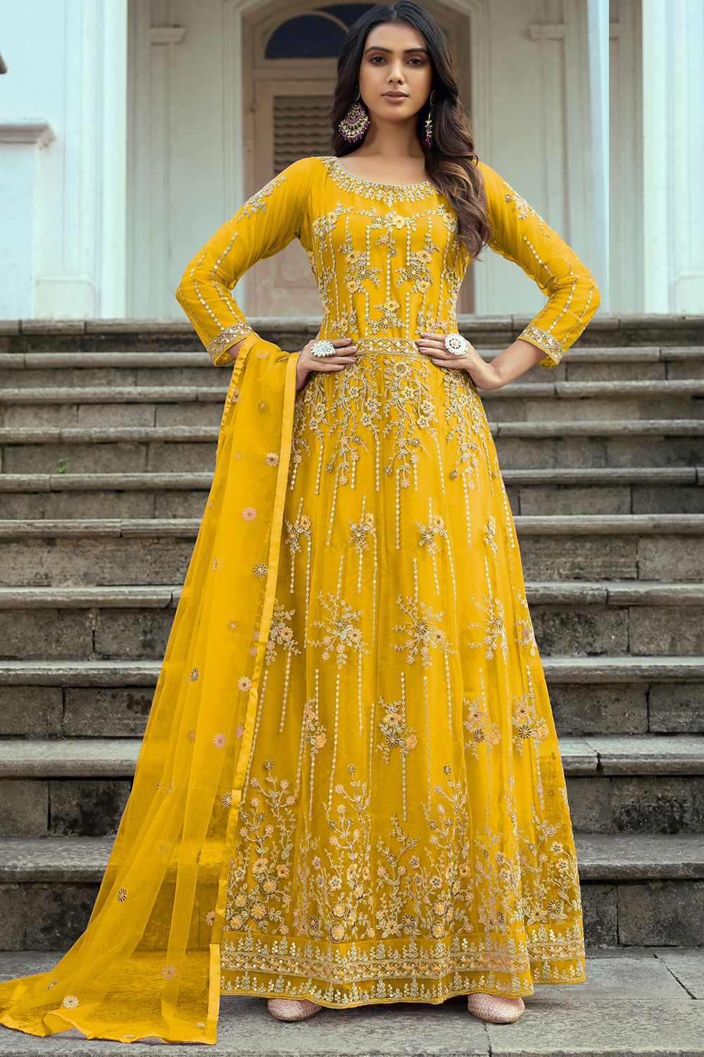 Yellow Embroidered Anarkali Suit in Net