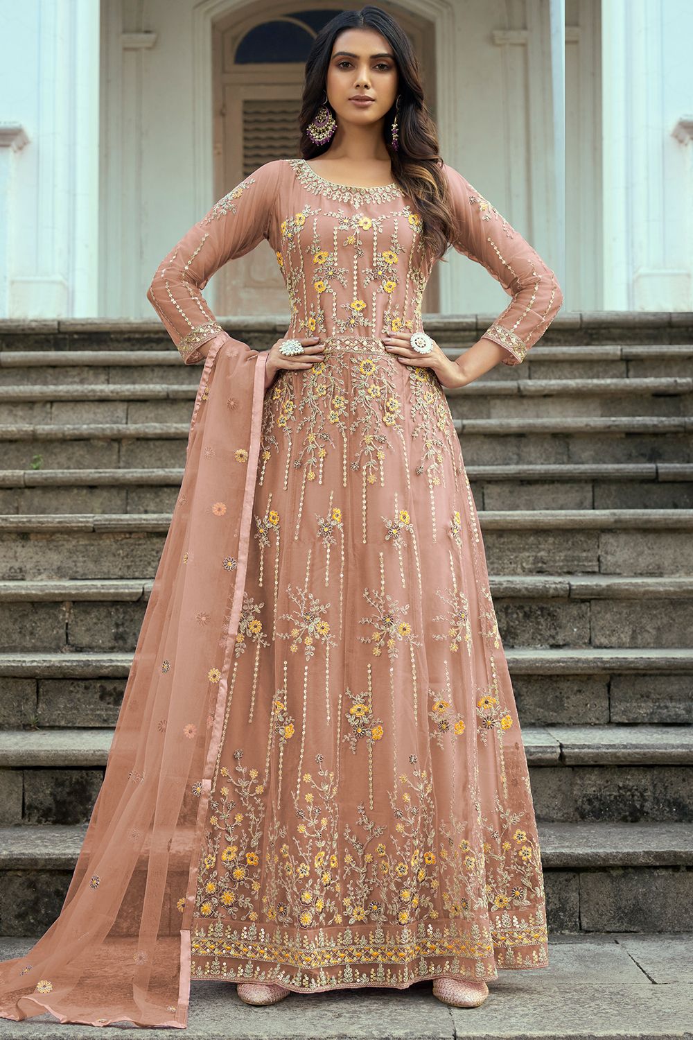 Peach Embroidered Anarkali Suit in Net