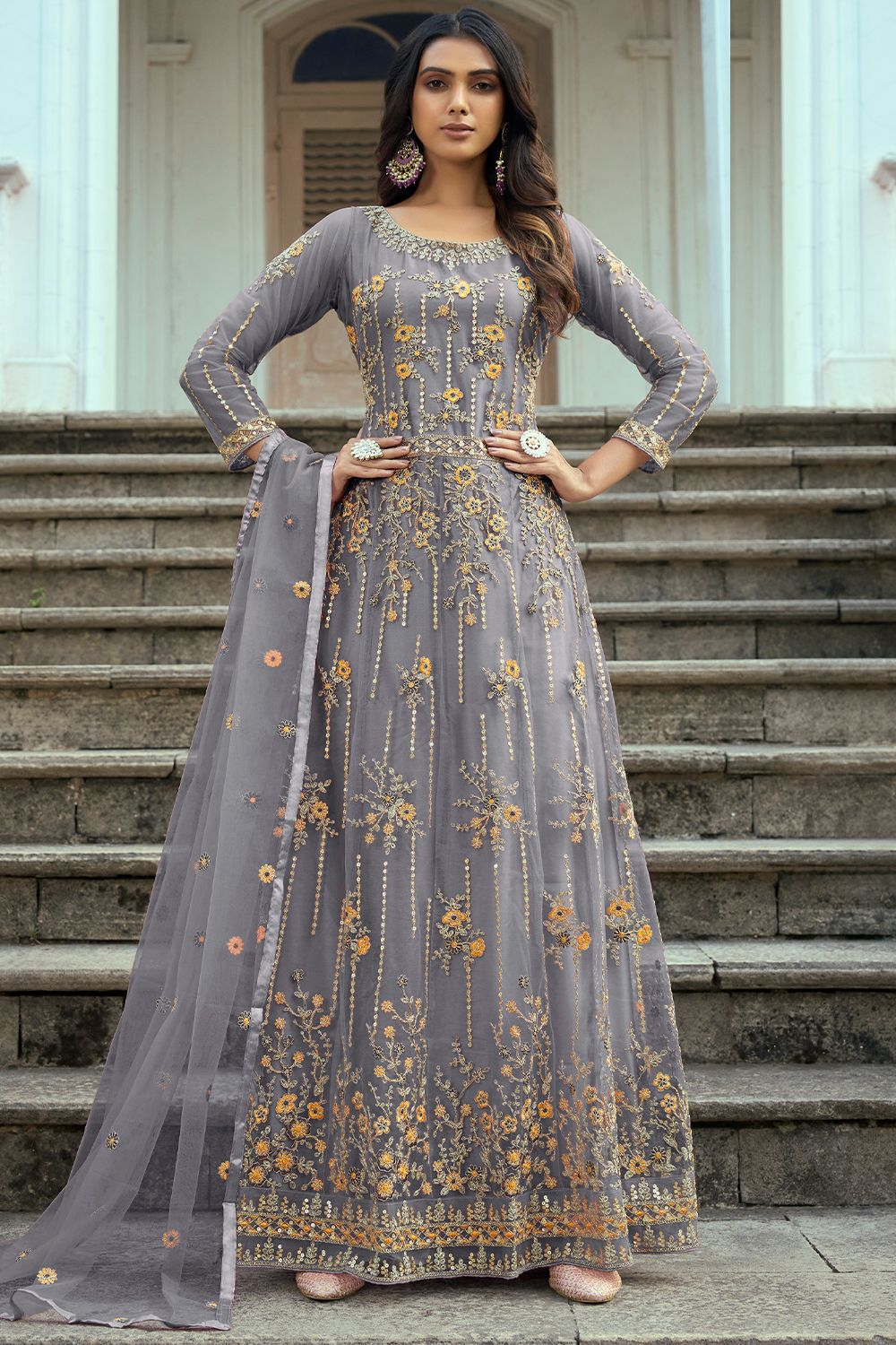 Grey Embroidered Anarkali Suit in Net